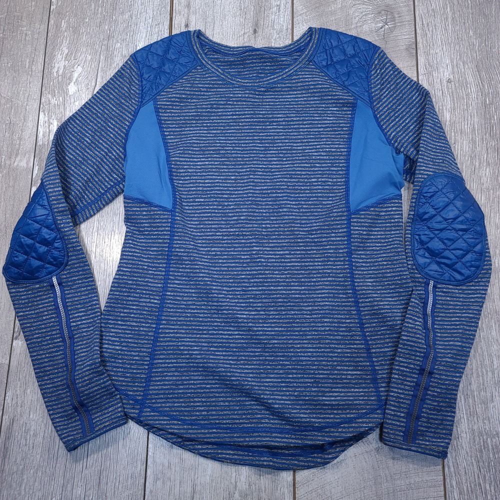 Lululemon Active Top Women 12 Blue Striped Quilted Elbow Patch Long Sleeve
